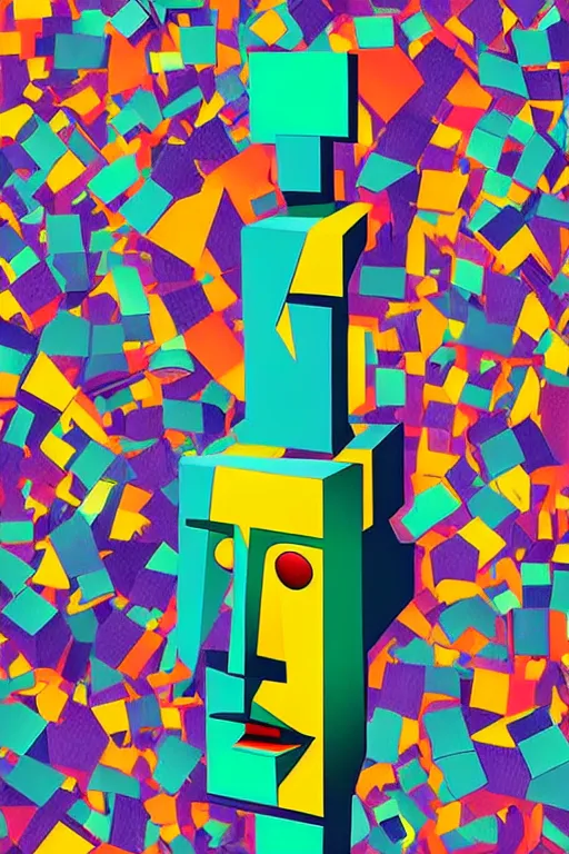 Image similar to cubist moai statue cutout digital illustration cartoon colorful beeple