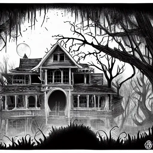 Image similar to spooky swamp mansion, black and white, pencil illustration, comic art, artstation