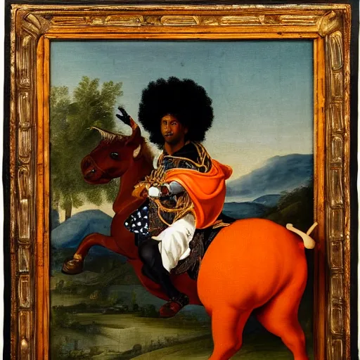 Image similar to black man with afro hair wearing an ( ( ( army green cloak ) ) ), riding an ( ( ( orange bull ) ) ), renaissance style painting
