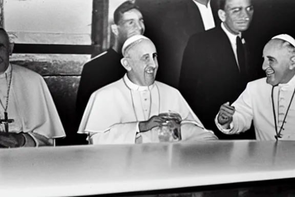 Image similar to a 1 9 5 0 s photo of the pope drinking at a bar