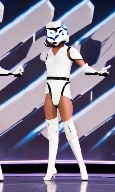 Prompt: radio city rockettes kicking while wearing stormtrooper helmets