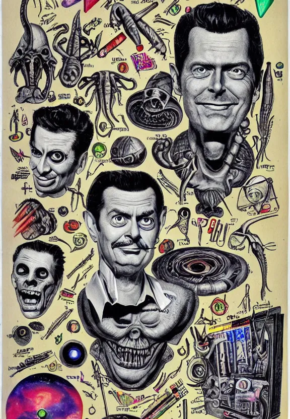 Prompt: subgenius, x - day, aliens, weird stuff, occult stuff, devil stuff, medical diagram, colorful, stained paper, hyperrealism, stage lighting