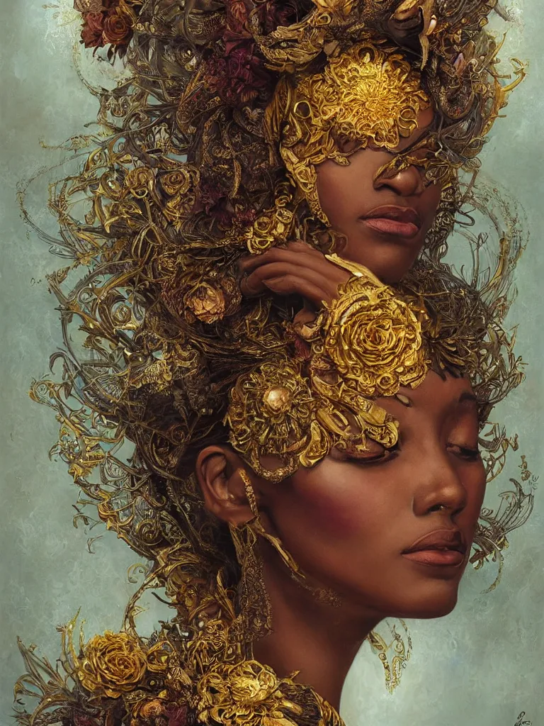 Prompt: Queen, African woman, flowers, dark pastel color scheme, jugendstil background, gold filigree, by karol bak, by emil melmoth, by Daniel Gerhartz, intricate, highly detailed, digital painting, artstation, concept art, smooth, sharp focus, illustration