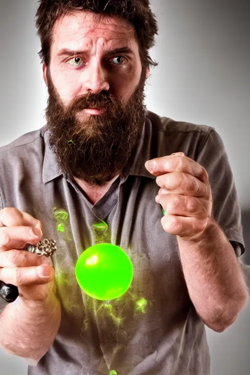 Prompt: a disheveled man holding a silver staph with a glowing green orb on top, high detailed, cinematic, shallow focus, soft light, back lit, rim light