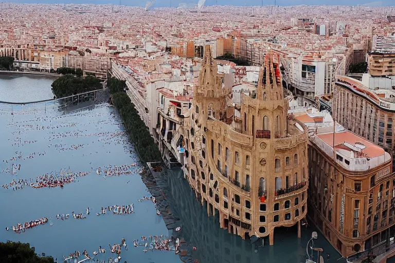 Image similar to views of catastrophic barcelona's buildings covered with high water, people on boats, floating cars, sunset lighting, photo real