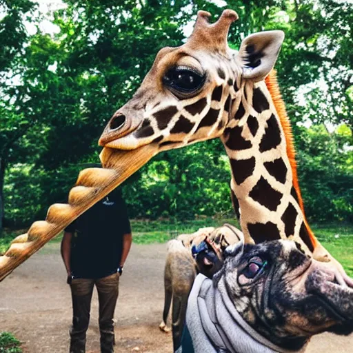 Image similar to a Giraffe-Pug Hybrid, A Giraffe that looks like a pug, huge tusks, afternoon hangout, good times photograph, candid