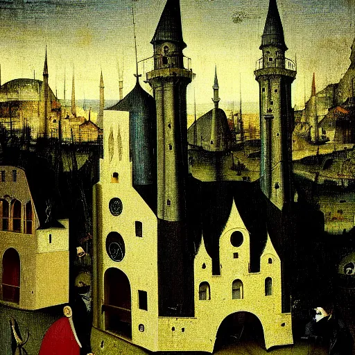 Prompt: black mosque by hieronymus bosch