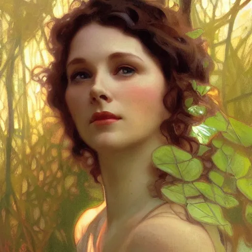 Image similar to a beautiful closeup portrait of a young vivian leigh, forest background, serene colors, dramatic light, gorgeous view, depth, high detail, digital art, painted by alphonse mucha and greg rutkowski, trending on artstation