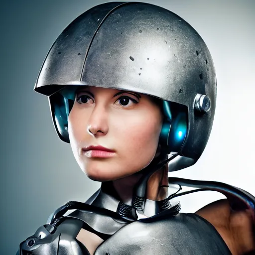 Prompt: portrait photo of a beautiful female cyborg. granite helmet.