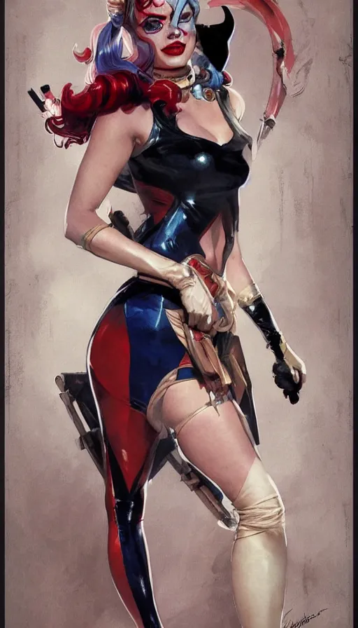 Image similar to margot robbie as harley quinn in a pin - up pose by artgerm, greg rutkowski and alphonse mucha, concept art, matte, intricate, full body