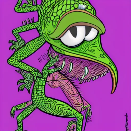 Prompt: lizard flamingo hybrid, muppet punk, basil wolverton style, hr giger style, disney style