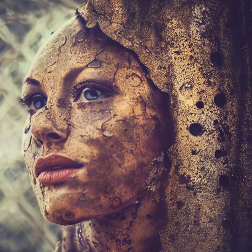 Image similar to a woman made out of metal who's rusting on her arms, 5 0 mm lens, f 1. 4, sharp focus, ethereal, emotionally evoking, head in focus, volumetric lighting, blur dreamy outdoor,