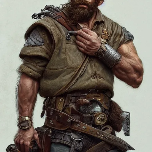 Image similar to portrait of a rugged ranger, coherent hands, handsome, muscular, full body, leather, hairy, d & d, fantasy, intricate, elegant, highly detailed, digital painting, artstation, concept art, smooth, sharp focus, illustration, art by artgerm and greg rutkowski and alphonse mucha