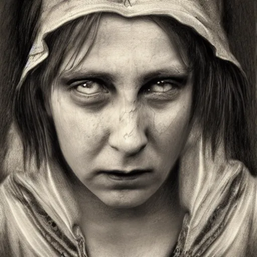 Image similar to a pencil drawing portrait of dirty poor sad victorian girl, dressed in rags, ultra realistic, concept art, detailed