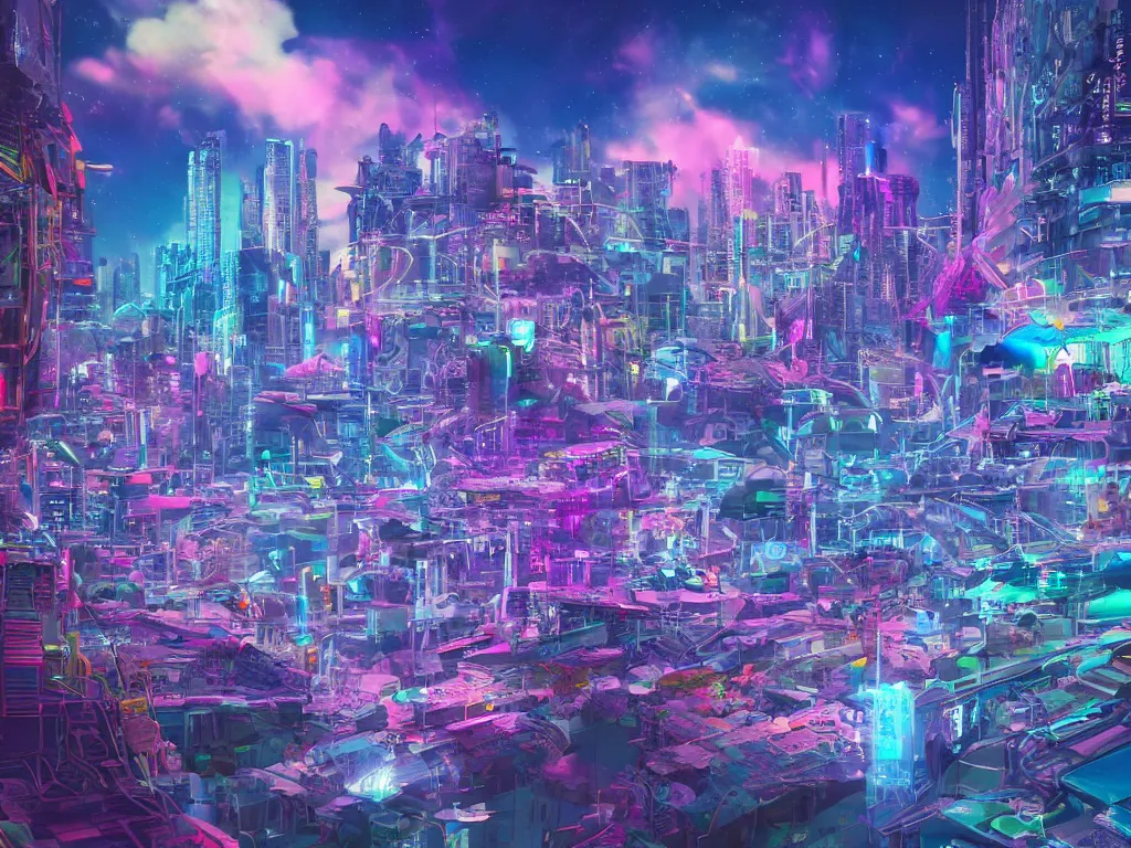 Prompt: mystical colorful cyberpunk city with a clear blue lake in a clearing where an abstract nebula crystal sculpture is floating above it, powerful, ethereal, vaporwave