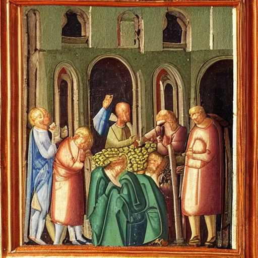 Image similar to 1 5 th century painting of people taking vitamin capsules in the church