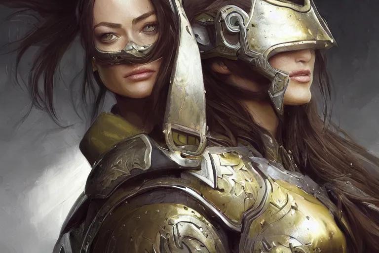 Image similar to a professional painting of Olivia Wilde clothed in military armor, olive skin, long dark hair, beautiful bone structure, symmetrical facial features, intricate, elegant, digital painting, concept art, smooth, sharp focus, illustration, from WarCraft by Ruan Jia and Mandy Jurgens and Artgerm and William-Adolphe Bouguerea