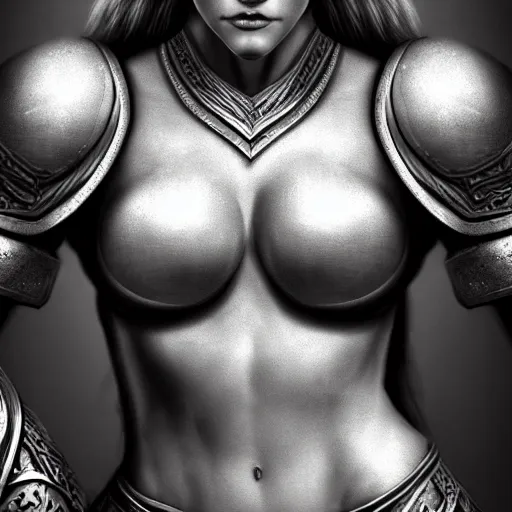 Image similar to a realistic pencil drawing of a female valkryie, extremely pronounced nordic feminine features, midriff, ornate metal chest plate, low dutch angle, face in focus, natural lighting, realism, feminine and muscular