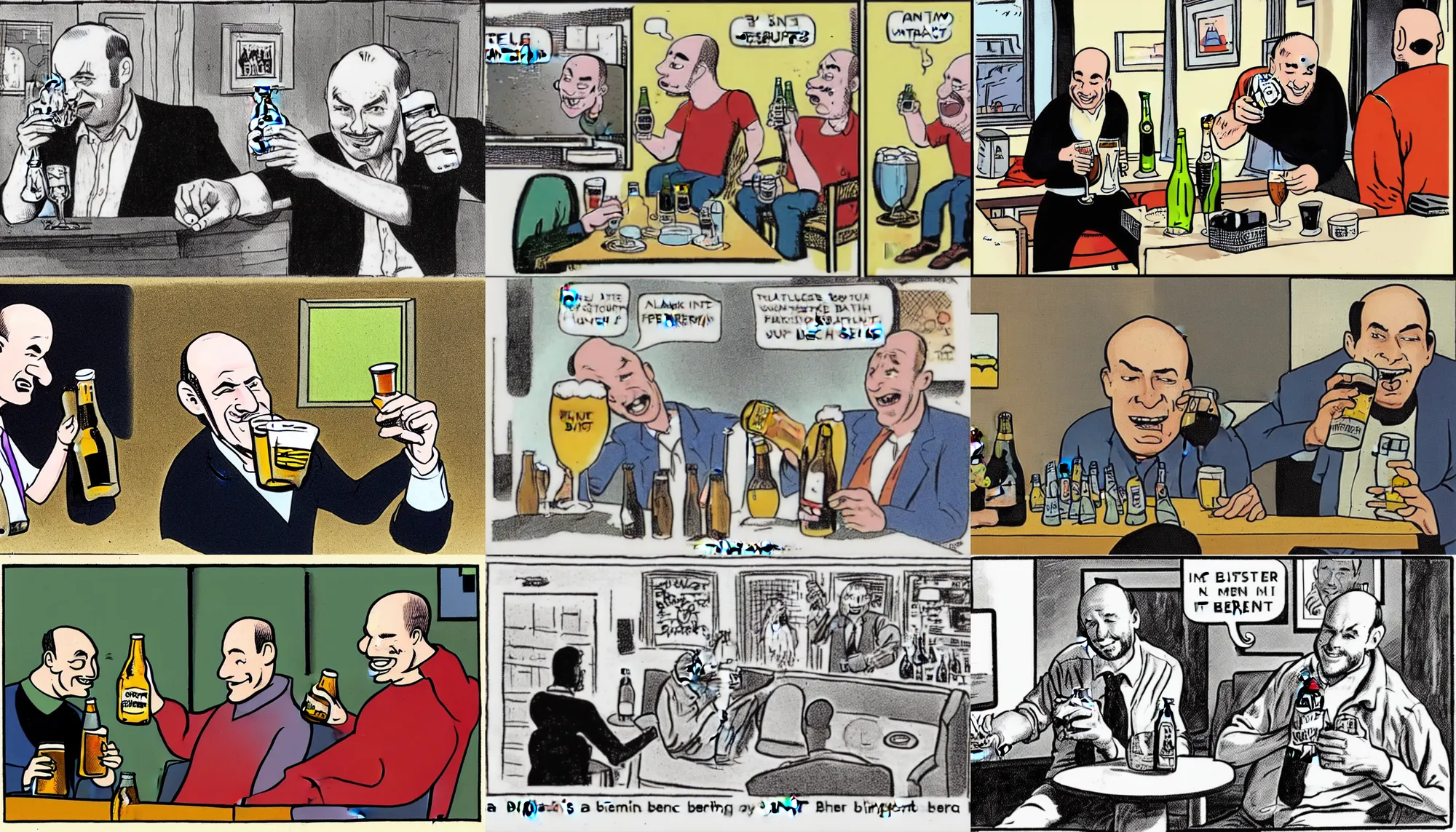 Prompt: a balding man streams to twitch TV whilst consuming a bottle of beer. Leslie Gilbert Illingworth style, cartoon