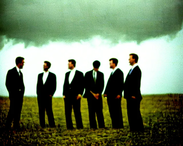 Image similar to 8 mm film, blurry, grainy, liminal, unsettling, group of tall men in suits in a field, thunderstorm, dark night