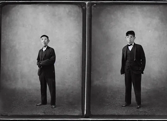 Prompt: wet plate photography, center young asian man in black suit, giant rhinoceros background