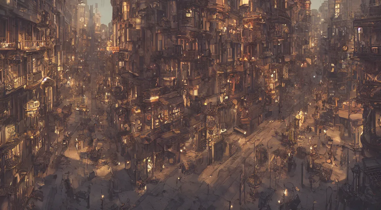 Image similar to steampunk city streets by Tomer Hanuka, trending on artstation, octane render