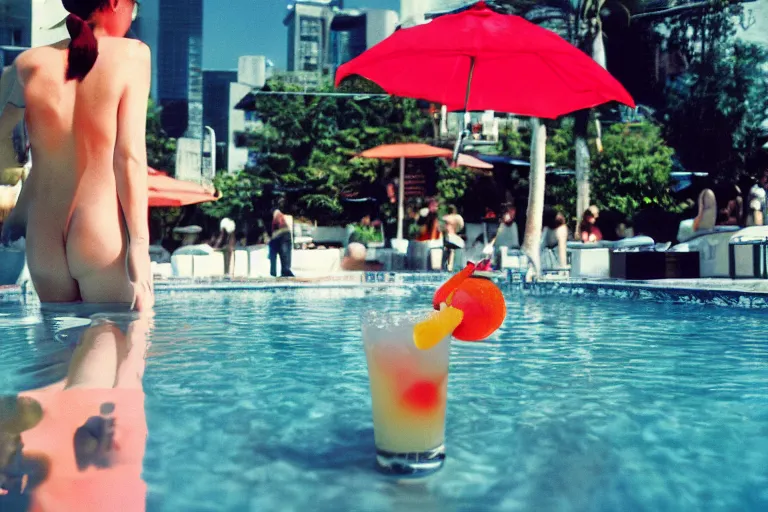 Prompt: agent 4 7 drinking a tropical cocktail, over the shoulder perspective, in 1 9 9 9, pool art photo, cute 8 5 mm photography, sunny day, still from a kiyoshi kurosawa movie