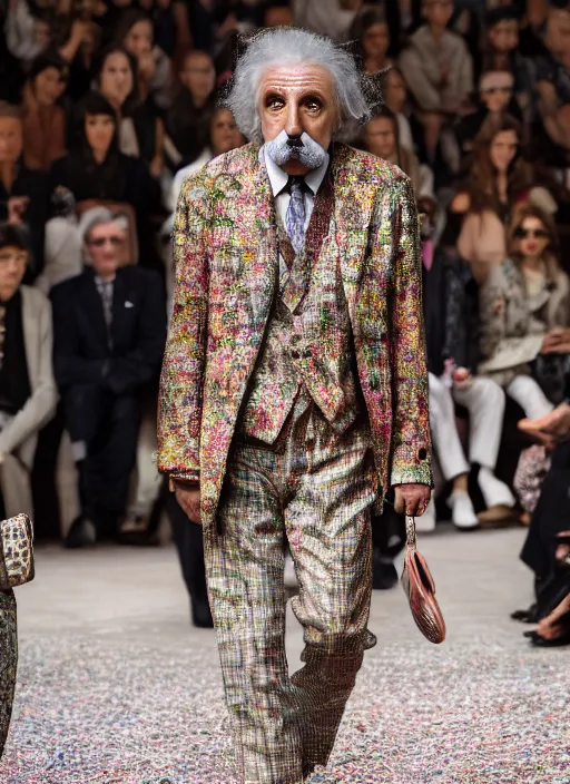 Image similar to hyperrealistic and heavy detailed gucci runway show of albert einstein, leica sl 2 5 0 mm, vivid color, high quality, high textured, real life