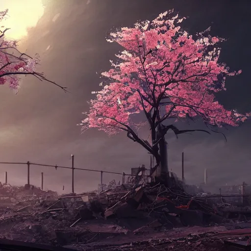 Image similar to apocalyptic ruins. One single lush Sakura tree growing. Atmospheric lighting, gloomy, dark, end of the world, ruins, everything is dead, post apocalyptic. Makoto Shinkai, anime, trending on ArtStation, digital art.