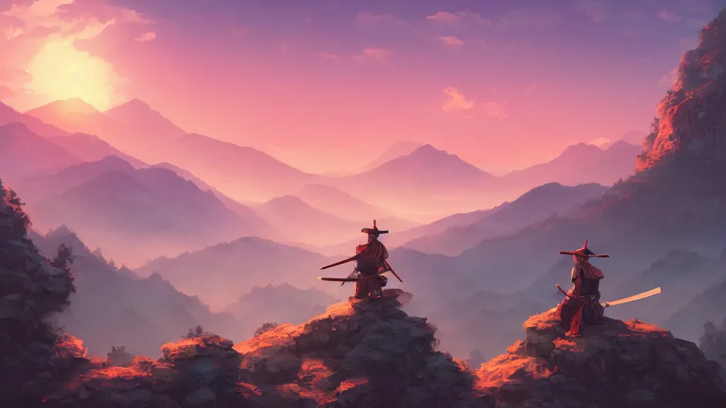 Image similar to samurai resting on a mountain top, cool dawn sky, by sylvain sarrailh, rossdraws, ambient light, ultra detailed, fantasy artwork, 8 k, volumetric lighting, trending on artstation, award winning, very beautiful.