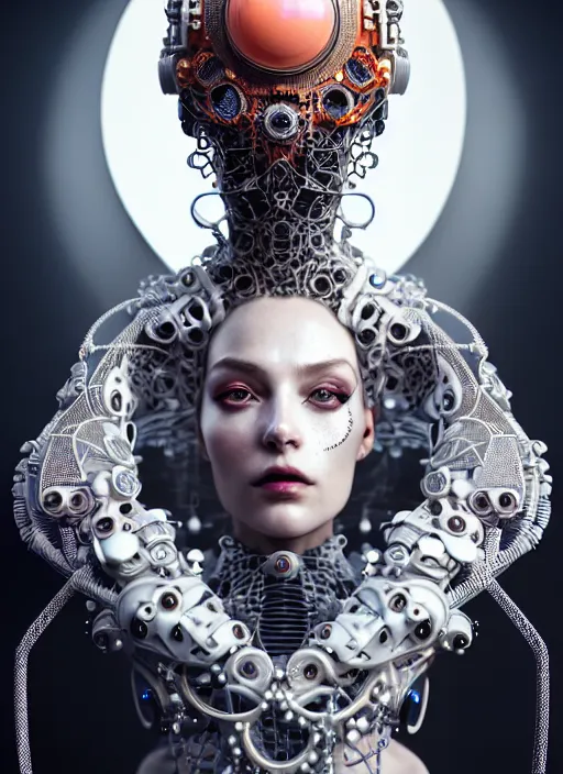 Image similar to portrait of an absurdly beautiful, graceful, sophisticated, fashionable cyberpunk mechanoid, hyperdetailed illustration by irakli nadar and alexandre ferra, intricate linework, white porcelain skin, faberge, coral headdress, unreal engine 5 highly rendered, global illumination, radiant light, detailed and intricate environment