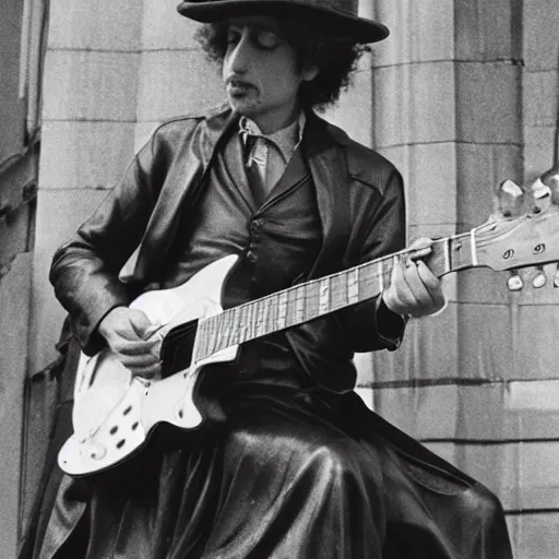 Image similar to bob dylan playing his guitar whilst sitting on a statue of king alfred, photograph