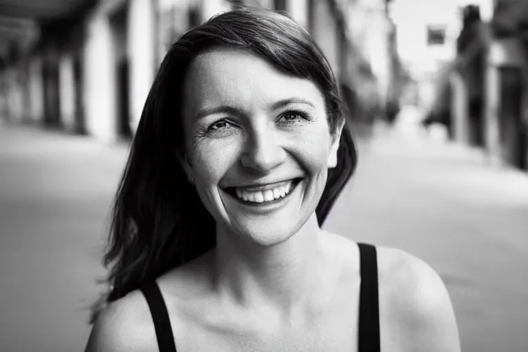 Prompt: still photo of a australian woman smiling at the camera on the street, black and white color aesthetic, highly detailed, photorealistic portrait, bright studio setting, studio lighting, crisp quality and light reflections, unreal engine 5 quality render