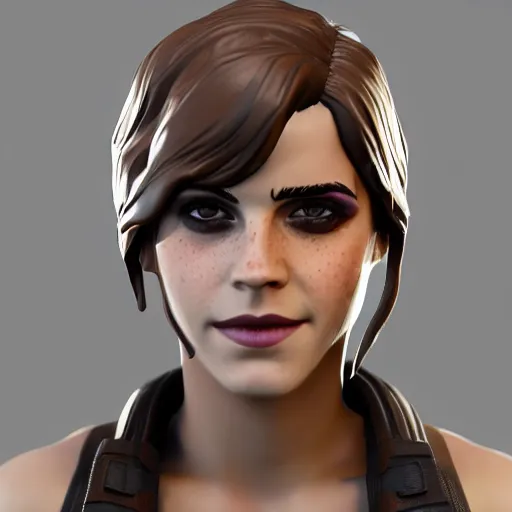 Image similar to textured film grain eye shadow smoky eyes subsurface scattering fashion model face smiling laughing squinting emma watson as a fortnite character cgsociety octane render unreal engine redshift render trending on artstation trending on artstation render blender behance cg superhero