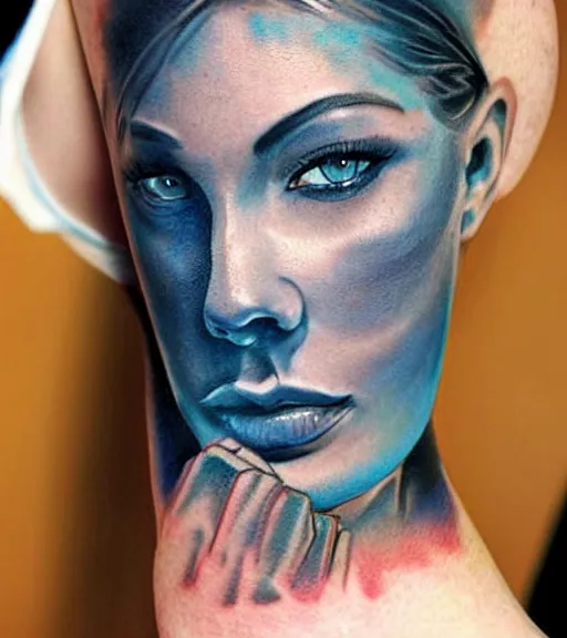 Image similar to tattoo design sketch of a beautiful blue - eyed woman face with a faded background of beautiful mountains and nature on her side, hyper - realistic, in the style of den yakovlev, amazing detail, black and white