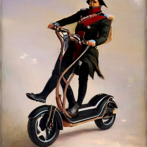 Prompt: Napoleon Bonaparte riding his electric scooter to battle by Jeremy Lipkin and Giuseppe Dangelico Pino, oil on canvas, epic pose, 8k