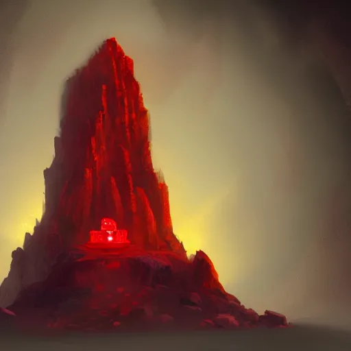 Prompt: a red ruby throne atop a mountain of gold coins and treasure, glowing in a dark cavern, concept art, fantasy, realistic, 8k, moody, atmospheric, artstation award