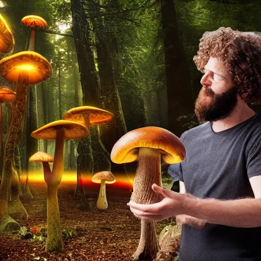 Image similar to caveman discovering magic mushrooms for the first time. 8 k photograph