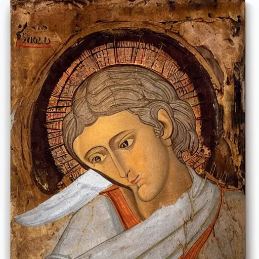 Prompt: realistic medieval painting portrait of white angel with clean narrow face like noface, 3 / 4, miracle light coming up from the head up and up, misty space, grace and blessing, by theophanes the greek, by andrei rublev, renaissance, christianity, marble stone, glow effect, white background