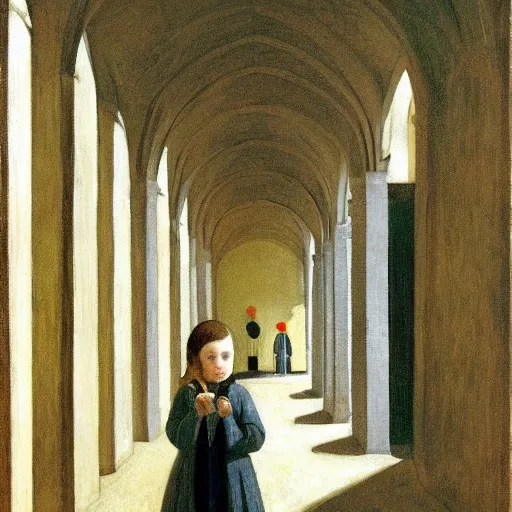 Image similar to in the distance, a little girl with short black hair and wearing a yellow coat alone in the inner courtyard of a cloister in an abbey, the light is bright and wintry, painting by hopper and de chirico