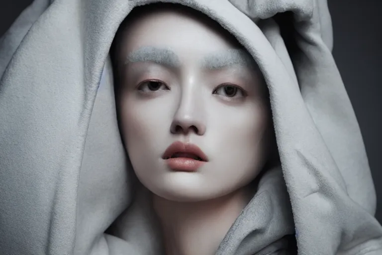 Image similar to well lit fashion shoot portrait of extremely beautiful female marble statue wearing huge over size puffer jacket by dingyun zhang, yeezy, balenciaga, vetements, a cold wall, sharp focus, clear, detailed,, cinematic, detailed, off white, glamourous, symmetrical, vogue, editorial, fashion, magazine shoot, glossy