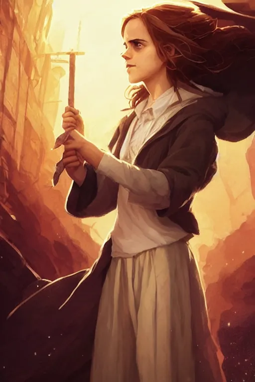 Image similar to Poster artwork, Emma Watson as Hermione Granger, wearing hogwarts robes, magnificent, medium close up, details, sharp focus, elegant, highly detailed, illustration, by Jordan Grimmer and greg rutkowski and PiNe(パイネ) and 薯子Imoko and 香川悠作 and wlop!!!! and maya takamura, intricate, beautiful, sunset!!!, Trending artstation, pixiv, digital Art