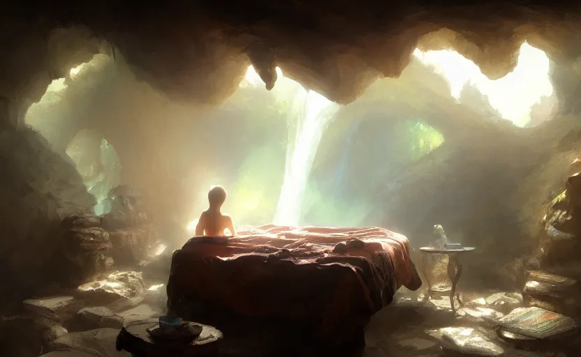 Image similar to painting of an interior of a cozy bedroom in a cave, small hot spring and waterfall in a connected room, natural light, fantasy, natural light, concept art, by greg rutkowski and craig mullins, cozy atmospheric and cinematic lighting, trending on artstation