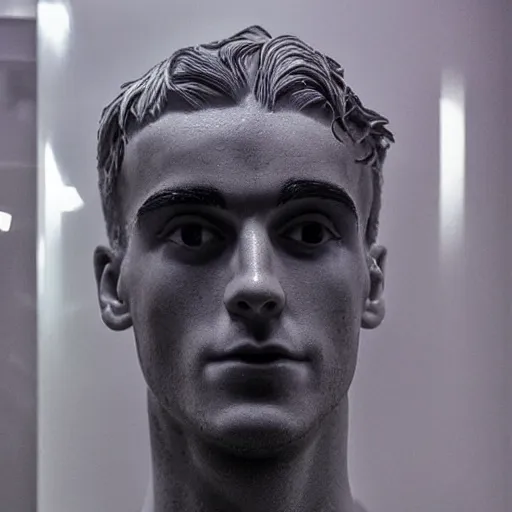 Image similar to “ a realistic detailed photo of a guy who is an attractive humanoid who is half robot and half humanoid, who is a male android, soccer player antoine griezmann, shiny skin, posing like a statue, blank stare, at the museum, on display ”