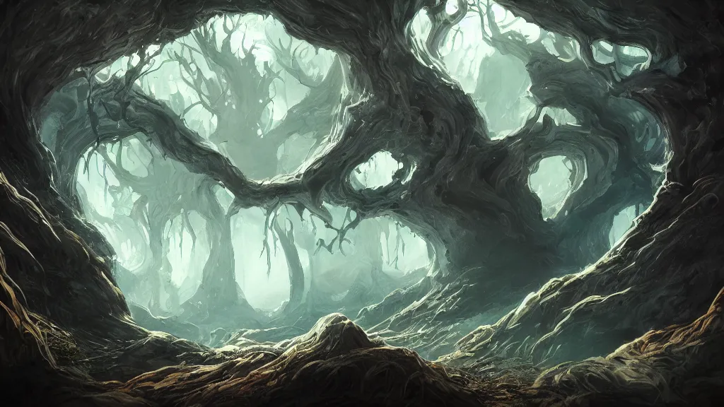 Prompt: beautiful painting of a dark cave landscape surrounded by tree roots, fantasy, digital art, trending on artstation