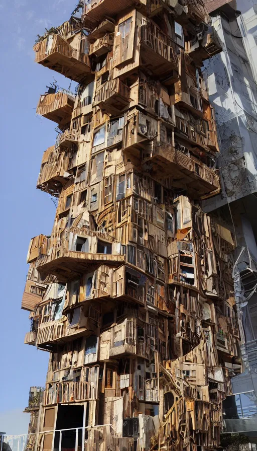 Prompt: tall cardboard house made of junk, multiple floors over hanging one another, unorganized architecture, intricate detail