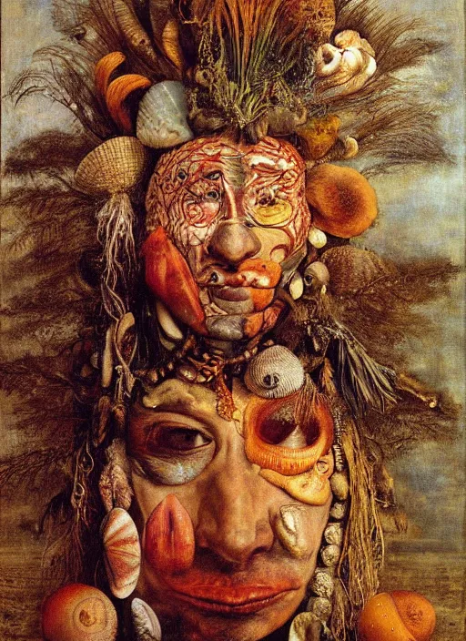 Image similar to a surreal painting of a shaman's face, by Giuseppe Arcimboldo, seashells, symbolist, soft colors, dramatic lighting, smooth, sharp focus, extremely detailed, aesthetically pleasing composition