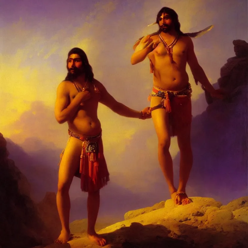 Prompt: handsome navaho god in a loincloth, posing against a royal purple backdrop by ivan aivazovsky, oil painting, beautiful soft lighting, saturated colours, artstation