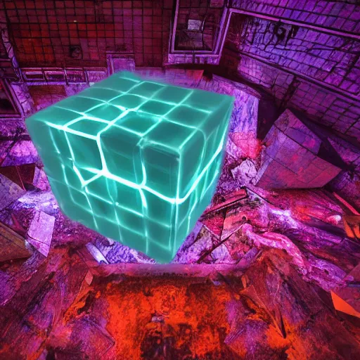 Image similar to glowing translucent cube in las pozas, cyberpunk, dark room, science fiction magazine, cut out collage, 4 k close up, wide angle