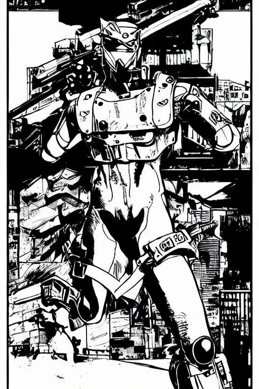 Image similar to gray fox from metal gear solid, a page from cyberpunk 2 0 2 0, style of paolo parente, style of mike jackson, adam smasher, johnny silverhand, 1 9 9 0 s comic book style, white background, ink drawing, black and white, colouring pages